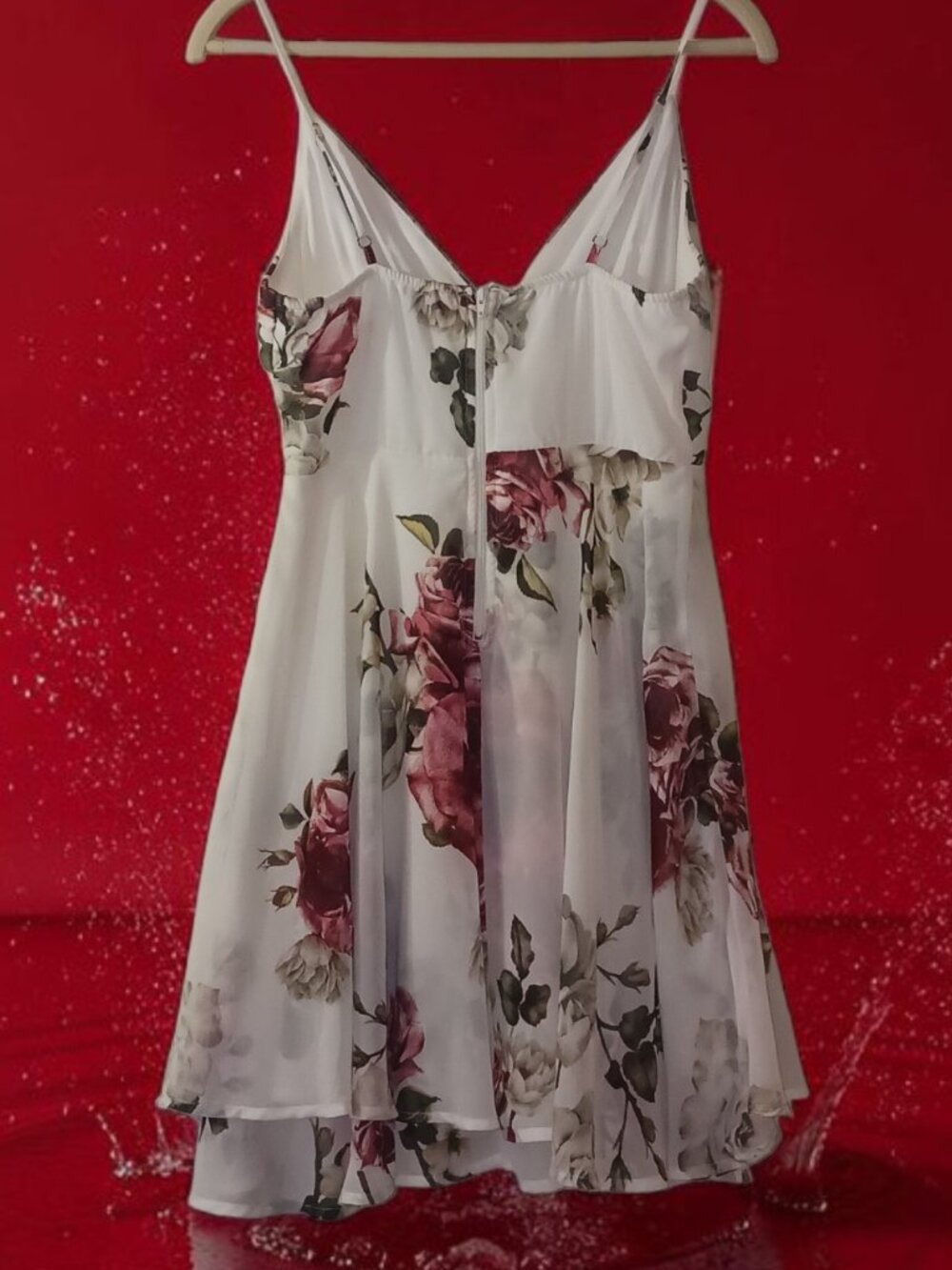 Windsor Floral Fit & Flare Dress White Pink Rose Print Spaghetti Strap